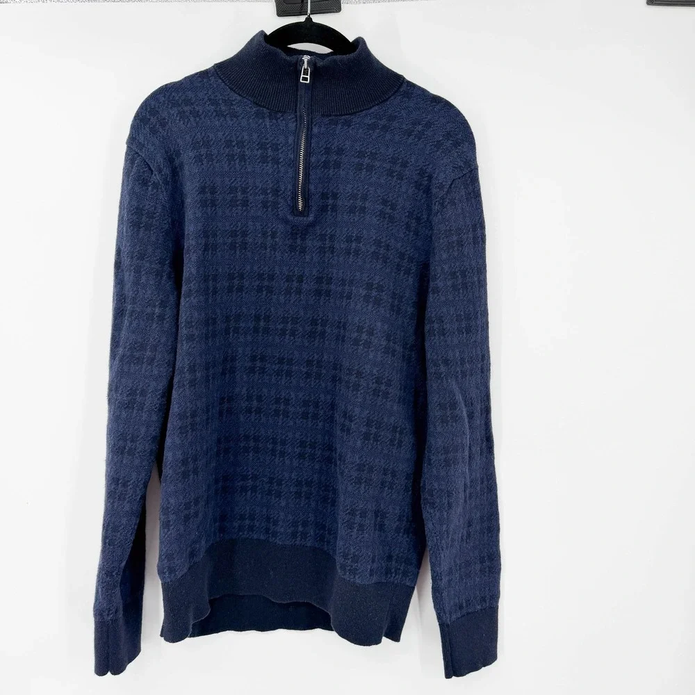 Bonobos Mens Blue Houndstooth Cotton Cashmere Quarter Zip Sweater Pullover M